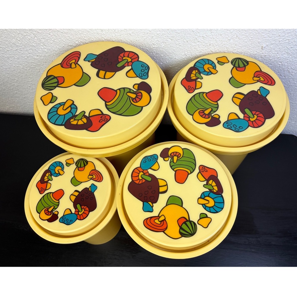 VTG 70s Rubbermaid Mushroom Canister Set of 4 Yellow Kitchen Storage nestjng